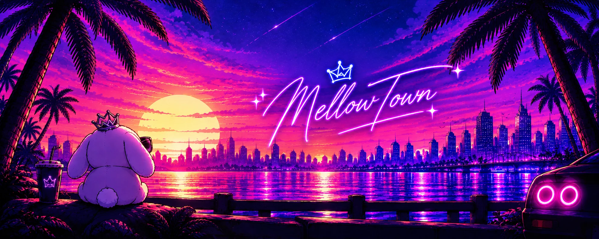 夕暮れの海とMellowTownの街並みを眺めるうさぎ
